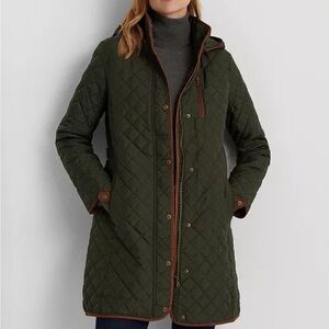 Ralph Lauren Olive Quilted Hooded Puffer with Brown Trim